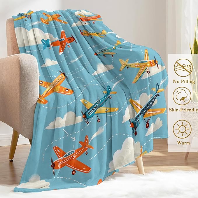 Vintage Airplane Flannel Blanket - Playful Aviation Colorful Planes on Blue Sky Throw - Lightweight Soft Cozy Gifts Blankets for Kids & Plane Lovers,Modern Home Room Whimsical Decor 50x60in