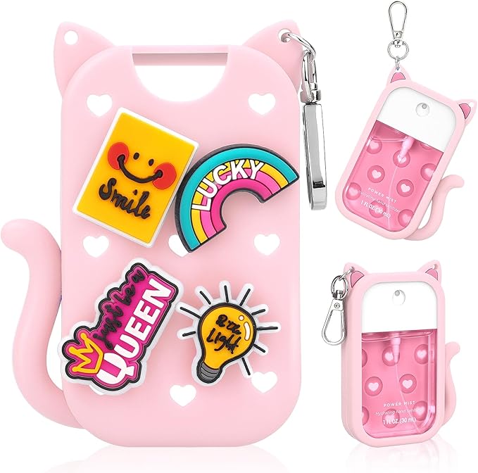 Cat Silicone Case for Touchland Hand Sanitizer Spray with Keychain,Compatible with Mist 1FL OZ/30ML for Touchland Case,4 Cute Charms Accessory sanitizer holder for touchland(1PCS Pink)