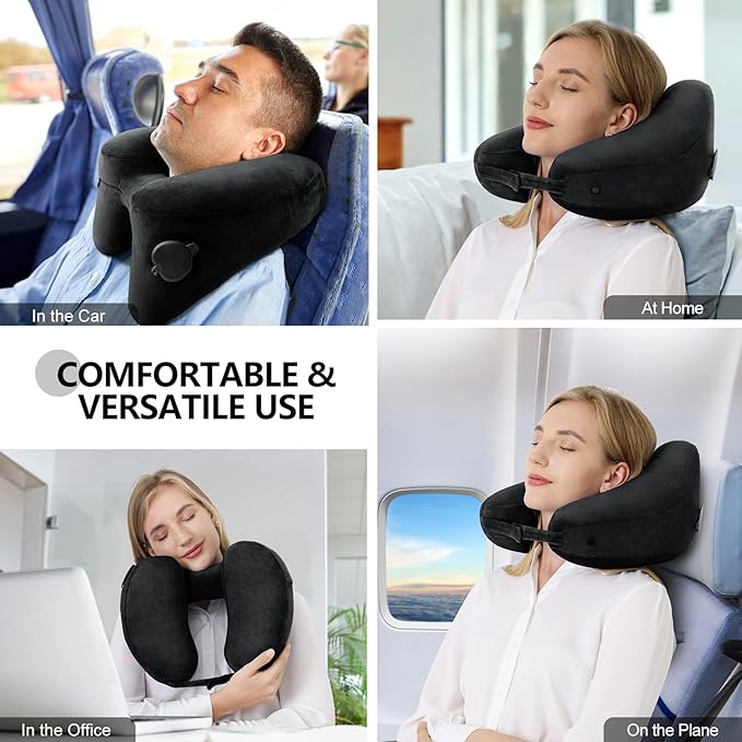 Sunany Travel Neck Pillow for Airplane Pillow Comfortably Supports Head, Neck and Chin, Inflatable Travel Pillow with Soft Velour Cover and Portable Drawstring Bag (Black) (Black, H)