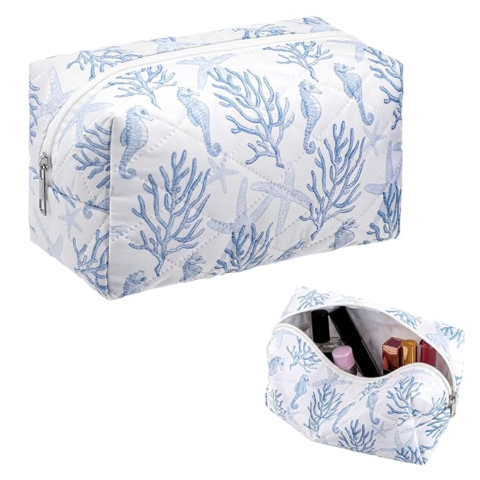 Hillban Ocean Quilted Cosmetic Bag Ocean Themed Gift Starfish Coral Seashell Essential Makeup Bag for Women Summer Travel Vacation Survival Kit Mother's Day Bulk Gift 8.7 x 4.3 x 4.3 in(Seahorse)