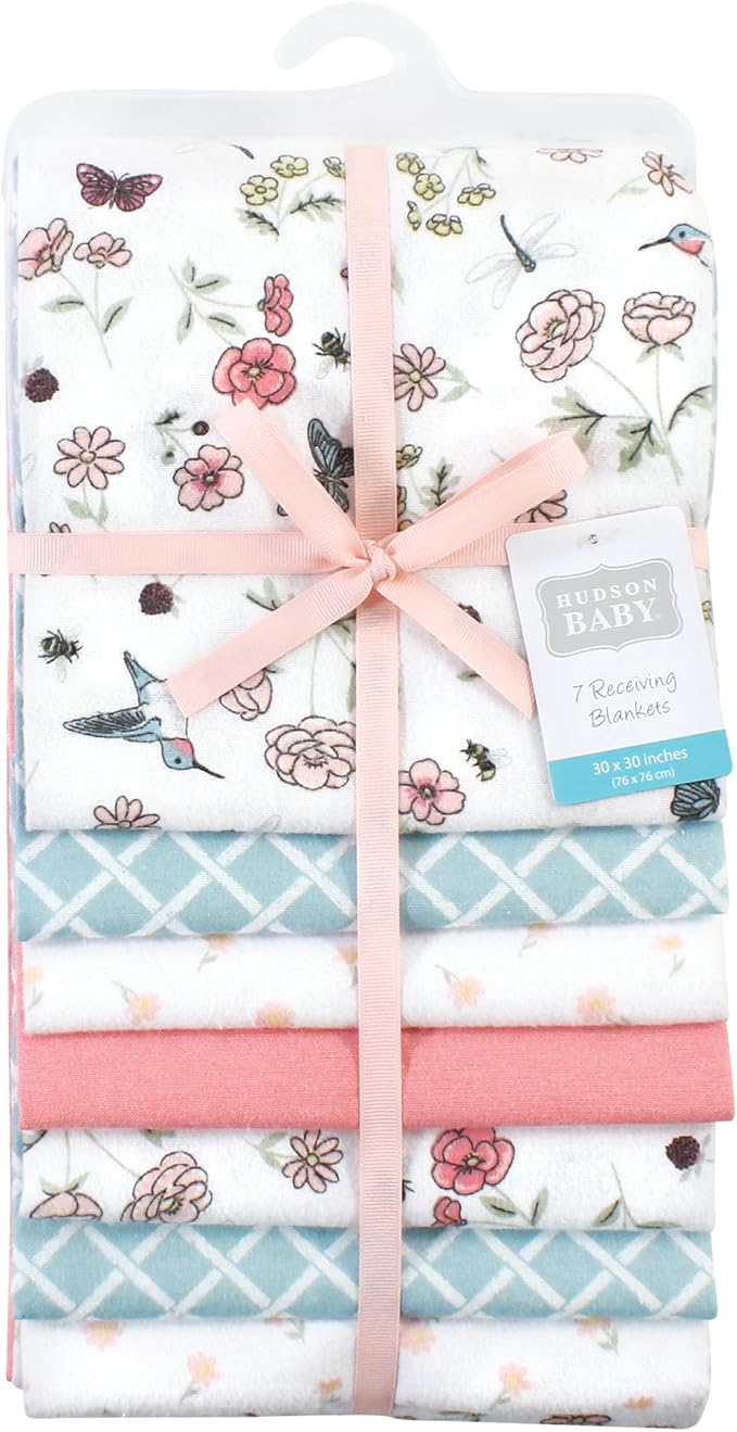 Hudson Baby Unisex Baby Cotton Flannel Receiving Blankets Bundle, Hummingbird Garden, One Size (Pack of 2)