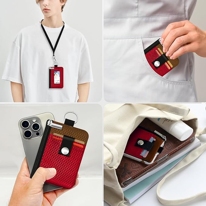 Minimalist RFID Blocking Small Wallet with ID Window,WaterResistant Zip Id Case Wallet with Lanyard Keychain for Cards,Cash,Travel,Women,Men (Red/Brown)