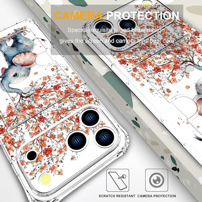 Compatible with iPhone 17 Pro Case Card Holder for Women Cute Design,Wallet Phone Cases Transparent Cool Kawaii Protective (Clear Elephant Creating Flowers)
