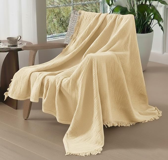 KyraHome 100% Organic Cotton Muslin Blankets for Adults, Large 60"x80", Plant Dyed, Lightweight Breathable Gauze Throw Blanket for Couch, Picnic, Summer All Season (Shortbread/Creamy)