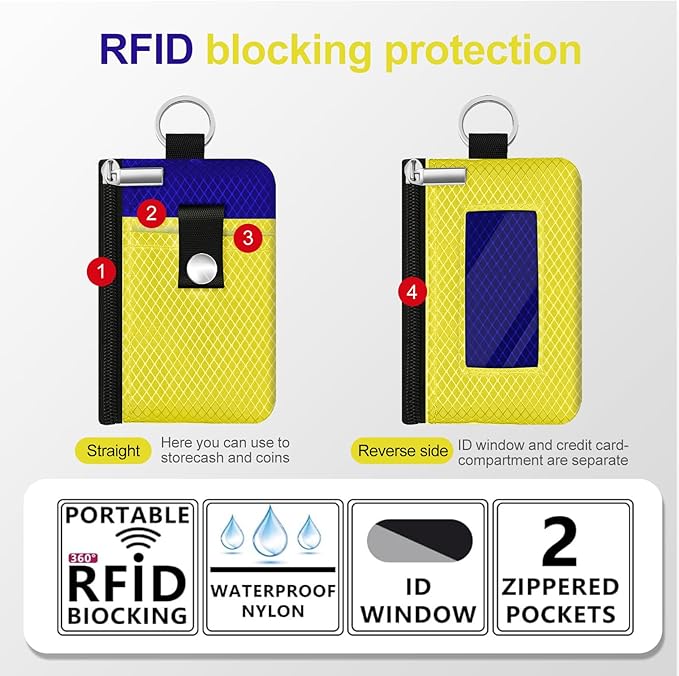Minimalist RFID Blocking Small Wallet with ID Window,WaterResistant Zip Id Case Wallet with Lanyard Keychain for Cards,Cash,Travel,Women,Men (Lemon Yellow/Sapphire Blue)