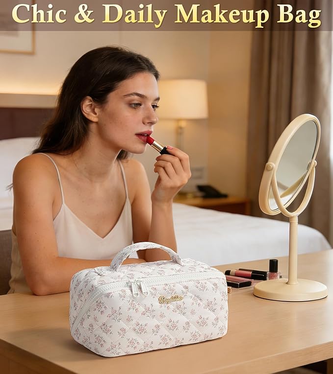 Travel Makeup Bag, 3 Pcs Large Capacity Puffy Toiletry Bag for Women, Open Flat Make up Cosmetic Organizer w/Handle & Clear Divider Water-resistant Portable Pouch Travel Essentials, M-Beige Rose