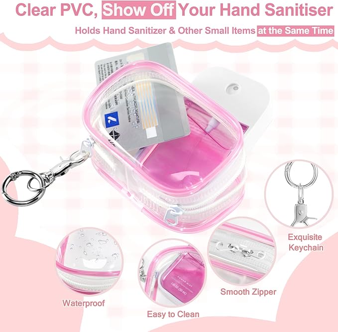 Hand Sanitizer Spray Clear Case for 1FL OZ/30ml, 3 Pack Hand Sanitizer Holder Zippered Pouch, Mini Clear Makeup Bag, Figures Display Bag, with Keychain Snap Hook (Pink & Blue & Purple)