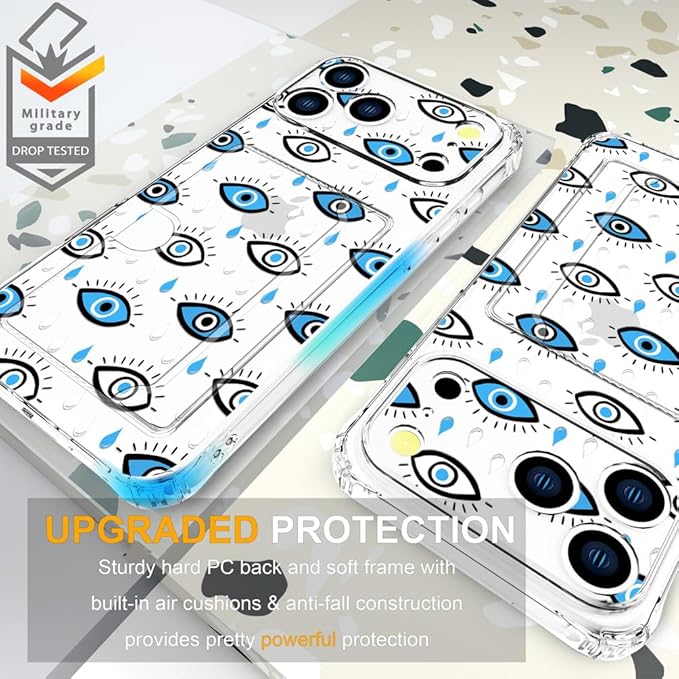 Compatible with iPhone 17 Pro Case Card Holder for Women Cute Design,Wallet Phone Cases Transparent Cool Kawaii Protective (Clear Blue Evil Eyes)