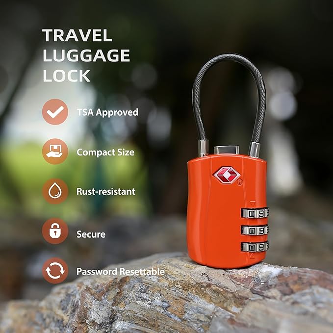 Luggage Locks TSA Approved, Small Padlock Combination, TSA Locks for Luggage, Suitcase, Travel Essentials, Combo Padlock with Cable, for Backpack, Bag, Zipper, Locker, Case, Box (2-Pack)
