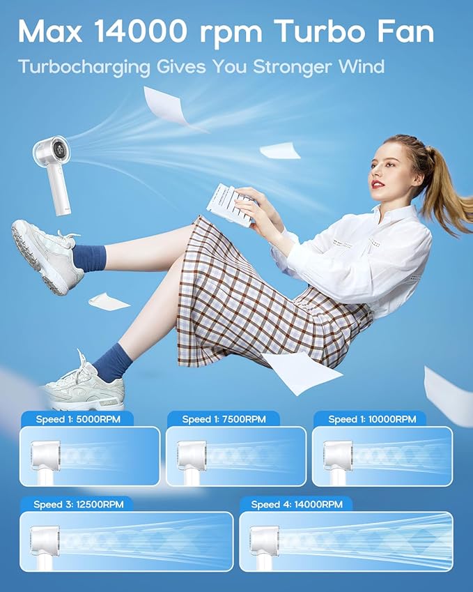 EasyAcc Handheld Turbo Fan, 5 Gear Wind, Battery Operated, Up to 19 Working Hours, 3 IN 1 Hand Fan with Air Turbo Tech Cooling Fan for Outdoor Activities, Travel, Working