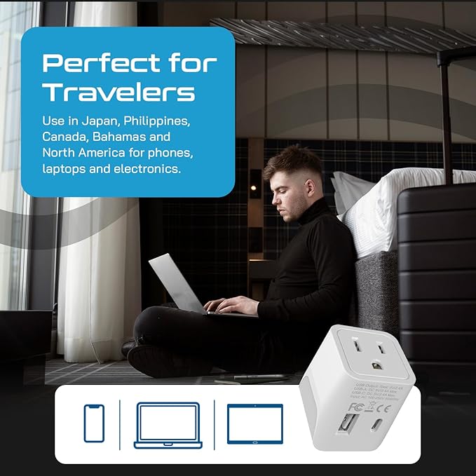 Ceptics Japan, Philippines Travel Adapter Plug with Dual USB - Usa Input - Type A - Ultra Compact (CTU-6) - Perfect for Cell Phones, Laptops, Camera Chargers