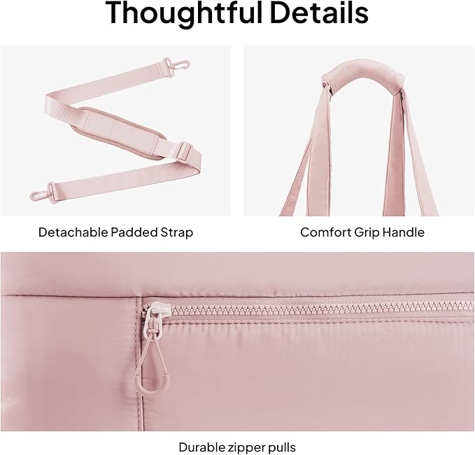 TOPEAST Weekender Bag for Women, Lightweight Puffer Travel Duffle Carry On Bag with Wet Pocket & 40oz Tumbler Pocket, Airline Approved Personal Item Overnight Bag, Pink