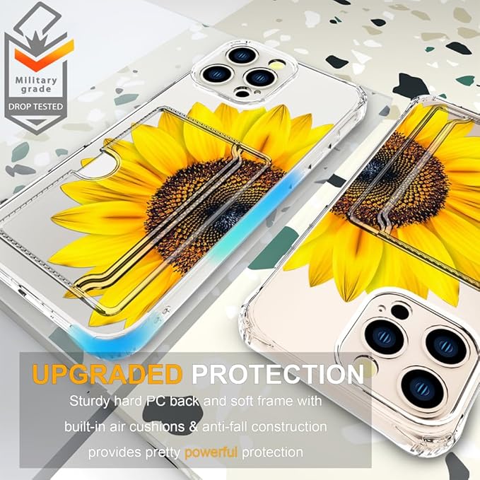 Compatible with iPhone 16 Pro Case Card Holder for Women Cute Design,Wallet Phone Cases Transparent Cool Kawaii Protective (Clear Sunflower Sun Flower)