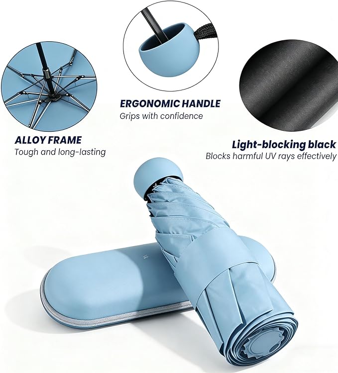 MRTLLOA Travel Essentials Mini Umbrella with Case for Purse - Small Compact & Lightweight, UV Sun Protection, Manual Open/Close for Pocket Umbrella(Women/Men/Kids)