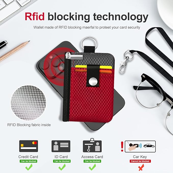Minimalist RFID Blocking Small Wallet with ID Window,WaterResistant Zip Id Case Wallet with Lanyard Keychain for Cards,Cash,Travel,Women,Men (Red/Dark Grey)