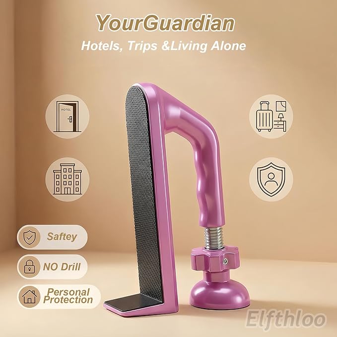 Portable Hotel Door Lock Stopper Travel Security Brace Safety, No Drill Stop Bar Fits Inward Swinging Doors Safety Self Defense Personal Protection for Apartment, Pink, 1 Pack