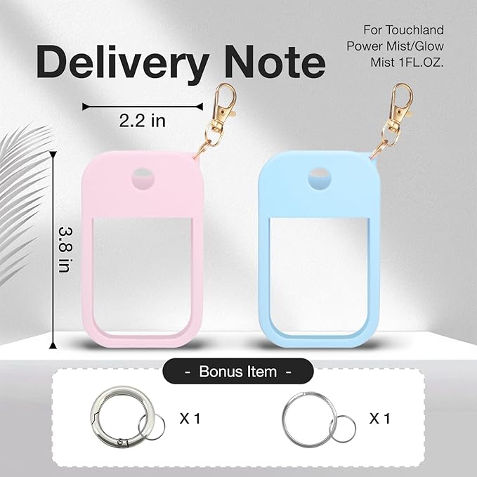 2 PCS Soft Silicone Case for Touchland Power Mist (1FL. OZ./30 mL), Protective and Stylish Case with Keychain Compatible with Touchland Hand Sanitizer Spray (Pink/Blue)