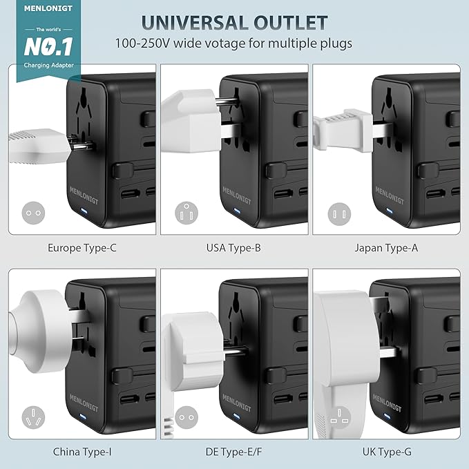 2026 New MENLONIGT Universal Travel Adapter, International Power Plug Adapter with 2 USB-C and 2 USB-A Ports, All-in-One Worldwide Wall Charger for USA EU UK AUS (Black)