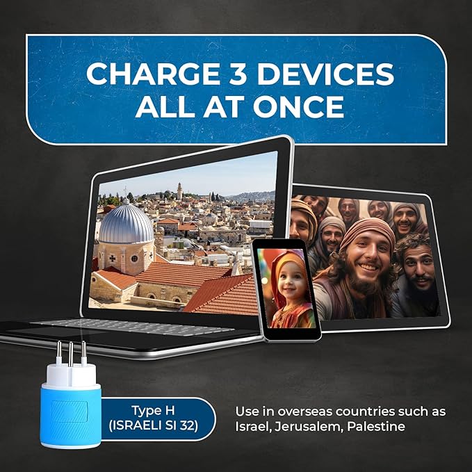 OREI 3 in 1 Israel Plug Adapter (Type H Adapter) with Dual USB for Charging – Does Not Convert Voltage - Israel Adapter Plug with Type B Input, Compatible in Palestine, Gaza Strip & Israel (U2U-14)
