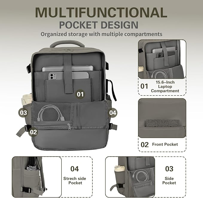 Carry On Backpack for Women & Men – Airline Approved Underseat Size, 15.6" Laptop Compartment, TSA-Friendly 180° Opening, Anti-Theft Business Travel Backpack with Trolley Sleeve (Dark Gray, Large)