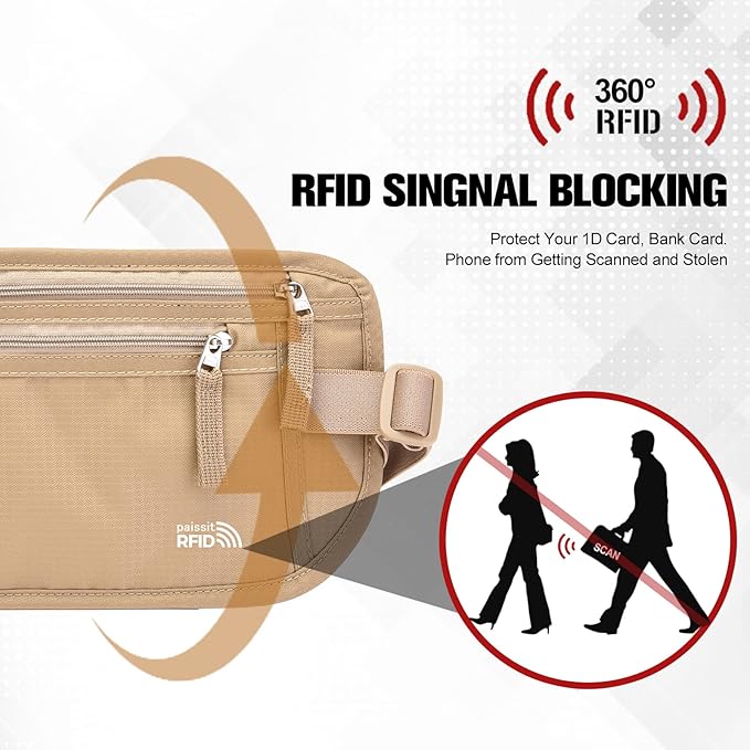 Unisex Money Belt For Men and Women, Slim Passport Holder RFID Blocking Travel Essentials Pouch with Adjustable Strap Small Waist Pouch for Workout Running Travelling Hiking, Beige & Light Grey