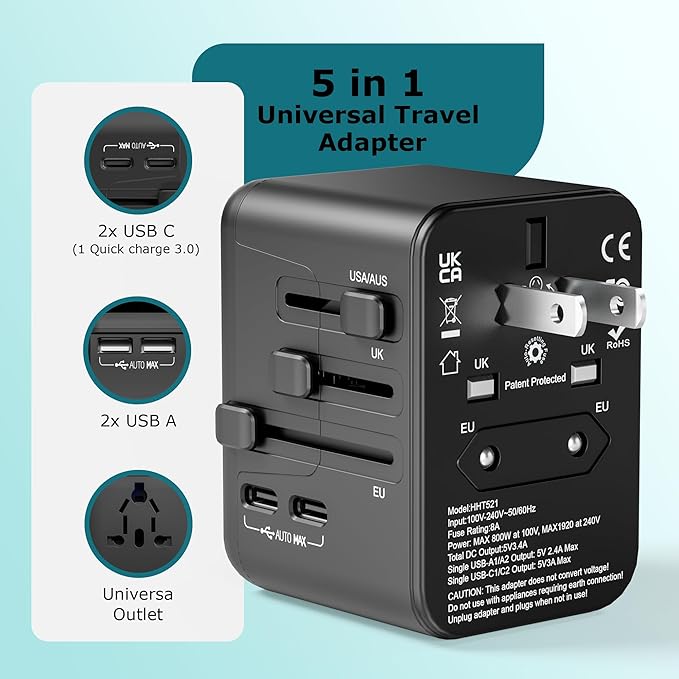 2026 New MENLONIGT Universal Travel Adapter, International Power Plug Adapter with 2 USB-C and 2 USB-A Ports, All-in-One Worldwide Wall Charger for USA EU UK AUS (Black)