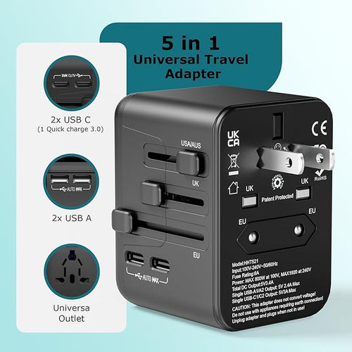 2026 New MENLONIGT Universal Travel Adapter, International Power Plug Adapter with 2 USB-C and 2 USB-A Ports, All-in-One Worldwide Wall Charger for USA EU UK AUS (Black)
