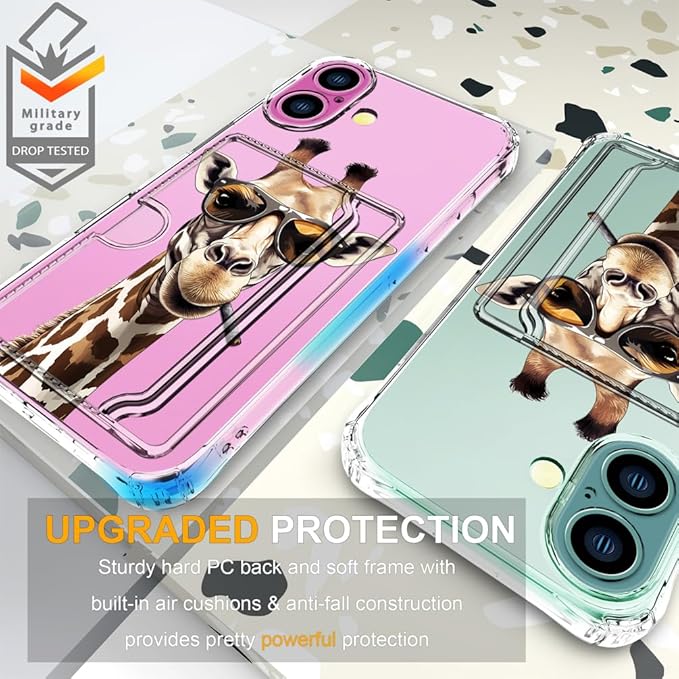 Compatible with iPhone 16 Plus Case Card Holder for Women Cute Design,Wallet Phone Cases Transparent Cool Kawaii Protective (Clear Giraffe Smoking Animal)