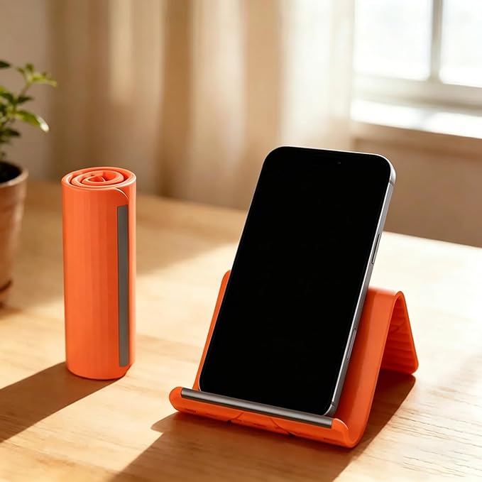 Universal Flexible Silicone Phone Holder Stand - Multi-Angle Foldable Tablet Holder & Laptop Riser - Portable Travel Essentials for Airplane, Office & Home - Non-Slip, Heat Dissipation Design,Orange