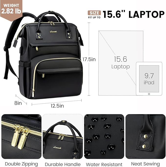 LOVEVOOK Leather Laptop Backpack for Women 17 inch,Travel Backpack Purse Nurse Teacher Backpack Computer Laptop Bag,Professional College Business Work Bags Carry On Backpack with USB Port,Black