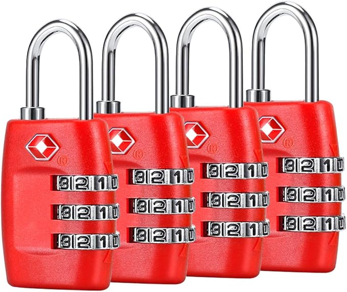 TSA Luggage Locks (4Pack) - 3 Digit Combination Padlocks - Approved Travel Lock for Suitcases & Baggage (Red)