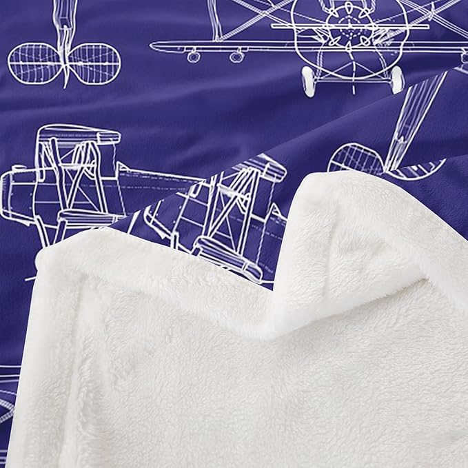 Hand-Painted Airplane Kids Throw Blanket,American Aircraft Toddler Bed Blanket for Girls Boys Adults,Air Vehicles Cartoon Fleece Blanket,Dark Blue Fuzzy Blanket,Throw Size (50 x 60 Inches)