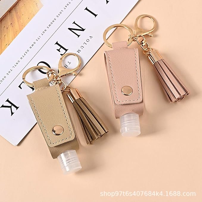 HSYHERE Multifunction Portable Empty Travel Bottle Keychain Hand Sanitizer Bottle Keychain, PU Leather Tassel Key Chains Car Key Ring +Refillable Containers for Toiletry Shampoo Lotion Soap -Purple
