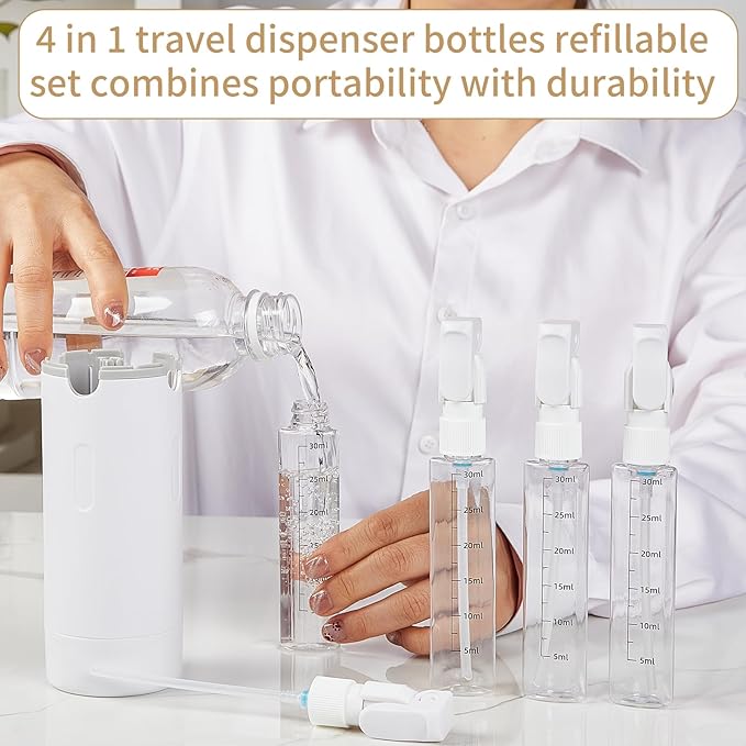 4 in 1 Travel Dispenser,Travel Bottles for Toiletries,Travel Dispenser Bottle,Refillable,Suitable for Storing Shampoo, Shower Gel,Suitable for Vacation Camping and Gym. (White)