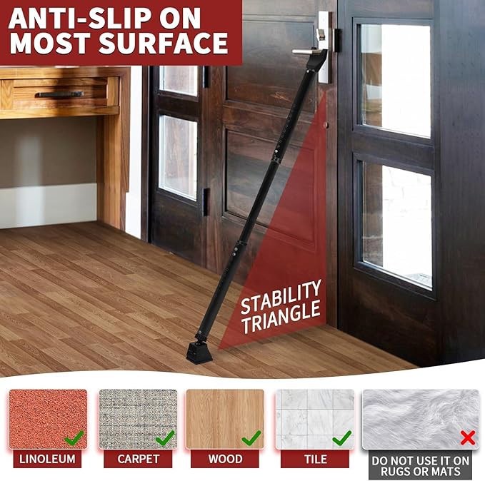 Security Door Stopper with Alarm & Sliding Patio Bar, 120db Loud Alert Adjustable Security Jammer Door Security Bar Window Child Proof Heavy Duty Door Stoppers for Home Apartment Travel - Black