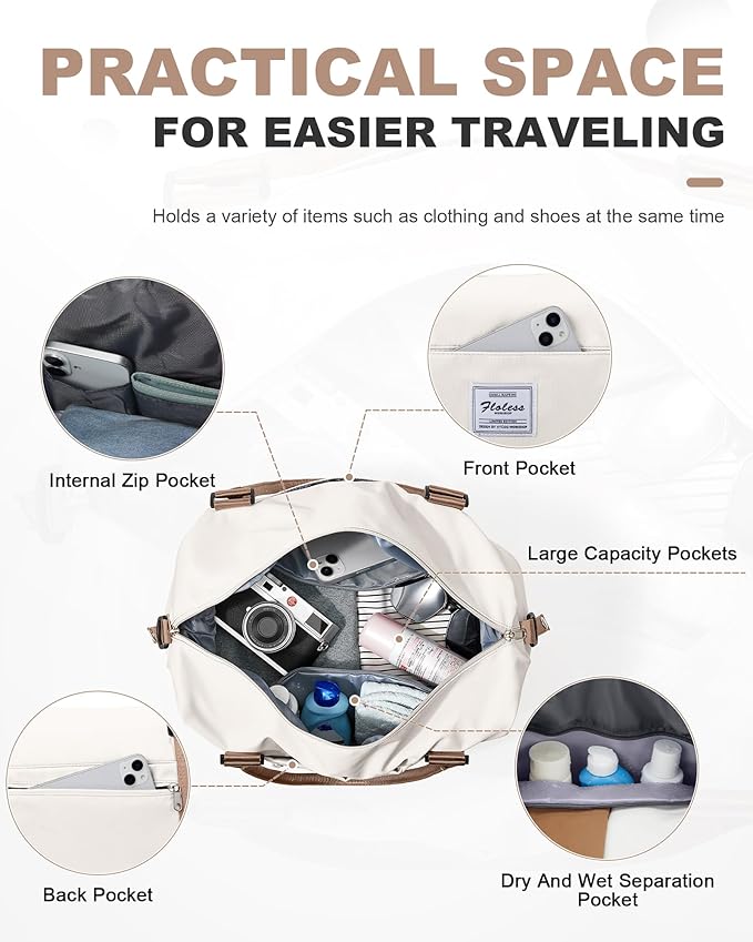 Travel Duffel Bag, 18x14x8 Inches Travel Bag Spirit with Shoes Compartment, Weekender Overnight Bag for Women with Trolley Sleeve, Carry On Bag for Airplanes Sport Tote Gym Bag BeigeBrown