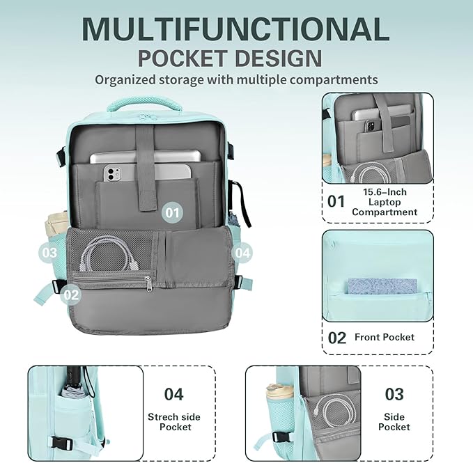 Carry On Backpack for Women & Men – Airline Approved Underseat Size, 15.6" Laptop Compartment, TSA-Friendly 180° Opening, Anti-Theft Business Travel Backpack with Trolley Sleeve (Blue, Large)