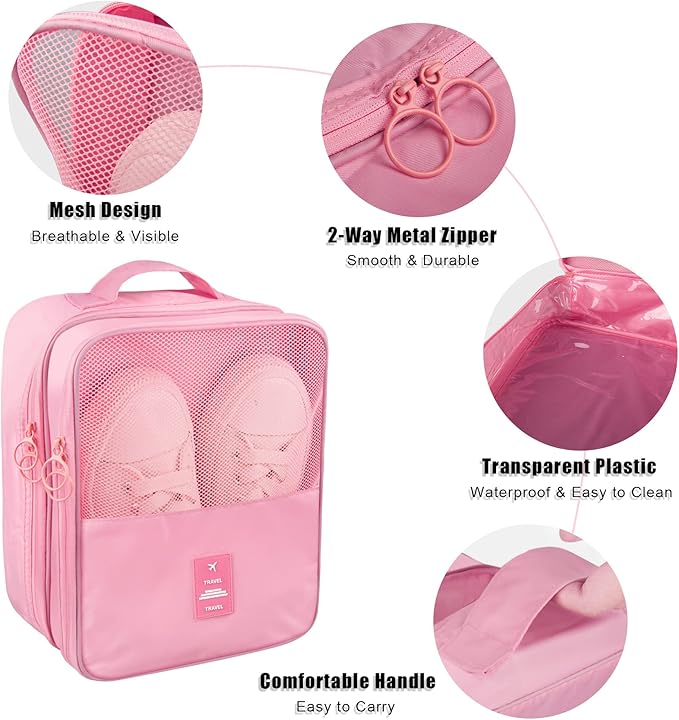 Travel Shoe Bag - Waterproof Shoe Organizer Holds 3 Pairs, Packing Cube for Suitcase Travel and Daily Use Storage Pouch with Handle (Pink)