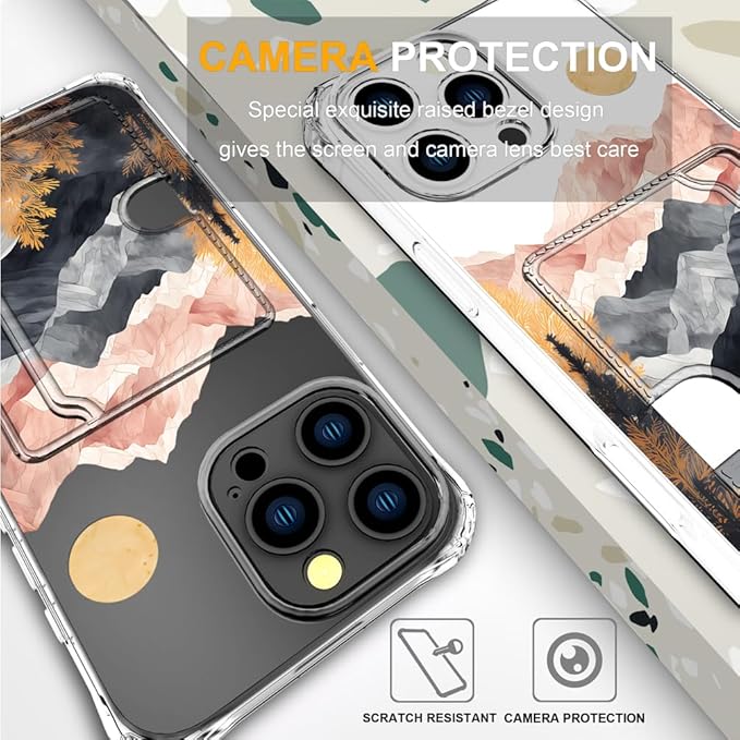 Compatible with iPhone 16 Pro Case Card Holder for Women Cute Design,Wallet Phone Cases Transparent Cool Kawaii Protective (Clear Mountain Hill Landscape)
