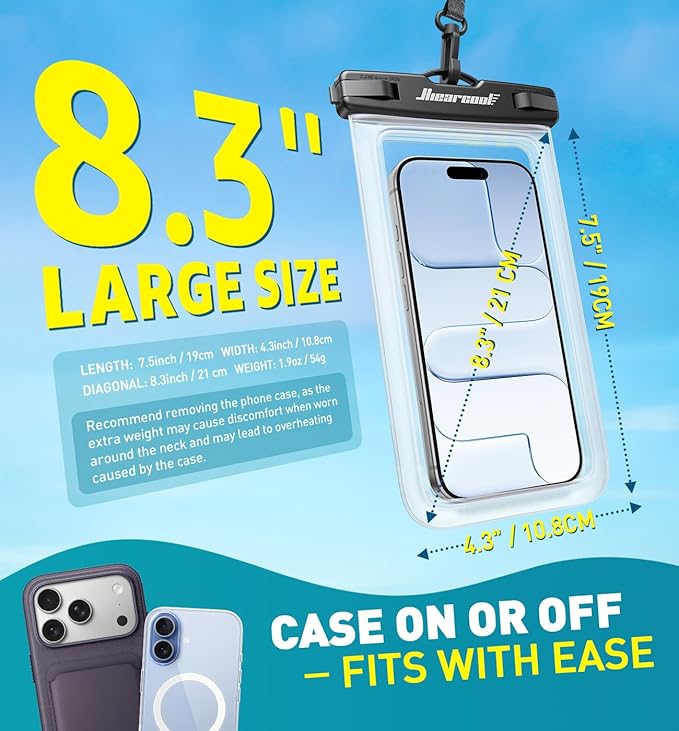 Hiearcool Waterproof Phone Pouch, Waterproof Phone Case with Crossbody Lanyard Compatible for iPhone 17 16 15 14 13 Pro Max Up to 8.3", Cellphone Dry Bag Travel Essentials for Beach -Clear-2Pack
