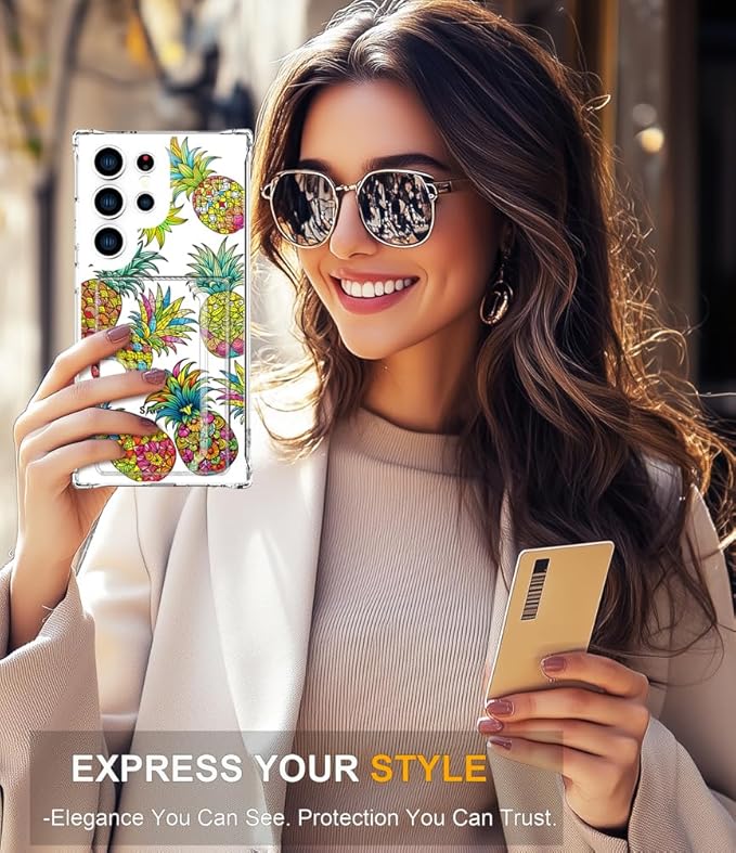 Compatible with Samsung Galaxy S24 Ultra Case Card Holder for Women Cute Design,Wallet Phone Cases Transparent Cool Kawaii Protective (Clear Pineapple Fruit Tropical)