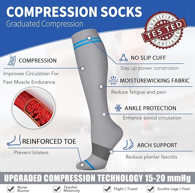 Sooverki Copper Compression Socks for Men & Women 8 Pack 15-20mmHg - Knee High Stockings Best Support for Running Athletic