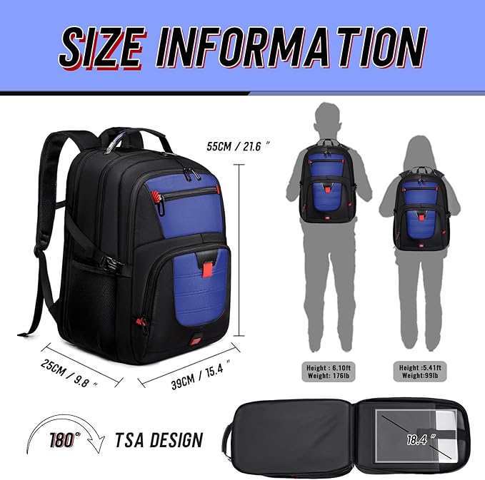 Z-MGKISS 18.4 Large Travel Backpack, USB Computer Bagpack Fits 18.4 Inch Laptop, Business Backpack for Men, TSA Flight Approved, Laptop Backpacks, Blue