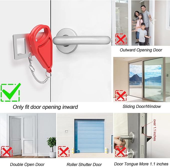 Portable Door Lock for Home Security Travel Lockdown Locker Safety Locks for Additional Safety and Privacy Perfect for Traveling Apartment College Red