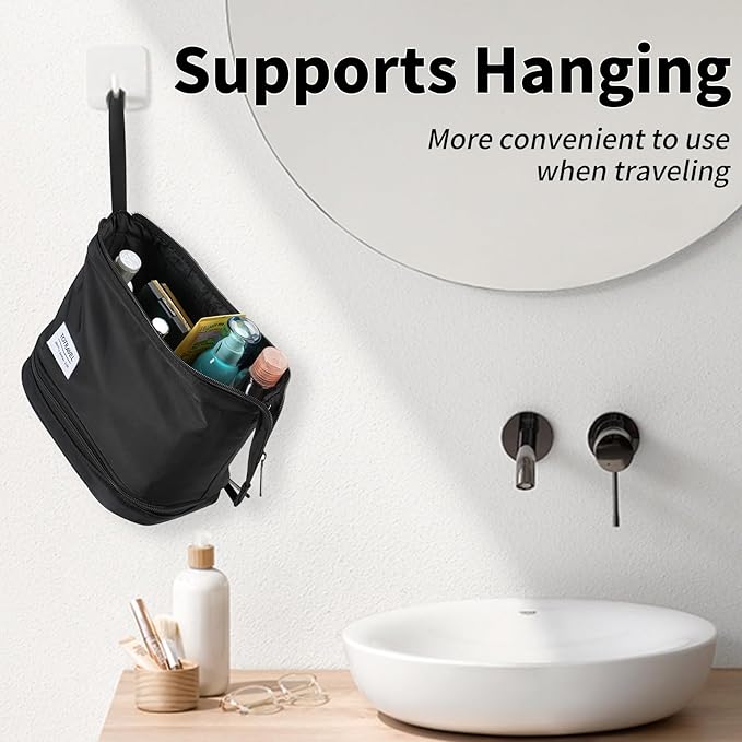 Hanging Travel Toiletry Bag for Women, Makeup Bag, Compact, sturdy, Lightweight, Waterproof, Simple and Practical, Functions As Both Cosmetic Organizer And Toiletry Bag (Woman, Jet Black)