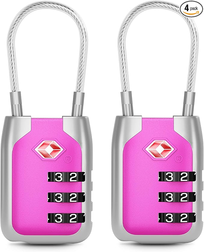 Joyway TSA Approved Luggage Lock, 3 Digit Combination Cable Lock with Alloy Body, Travel Combination Locks for Suitcases, Backpack and Golf Bag (Pink, 2Pack)