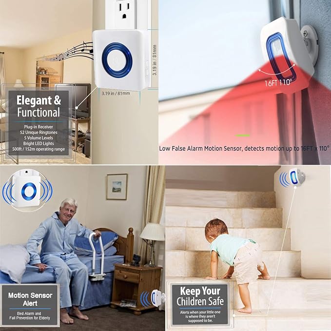 Evernary Wireless Indoor Motion Sensor Alarm, Bed Alarm and Fall Prevention for Elderly / Dementia Patients /Kids (2 Motion Detector +1 Receiver)