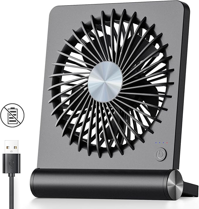 Koonie USB Fan, Strong Wind Ultra Quiet Small Desk Fan 220° Tilt Folding 3 Speeds Adjustable USB-C Powered Personal Fan for Home Office Desktop Black, NO BATTERY