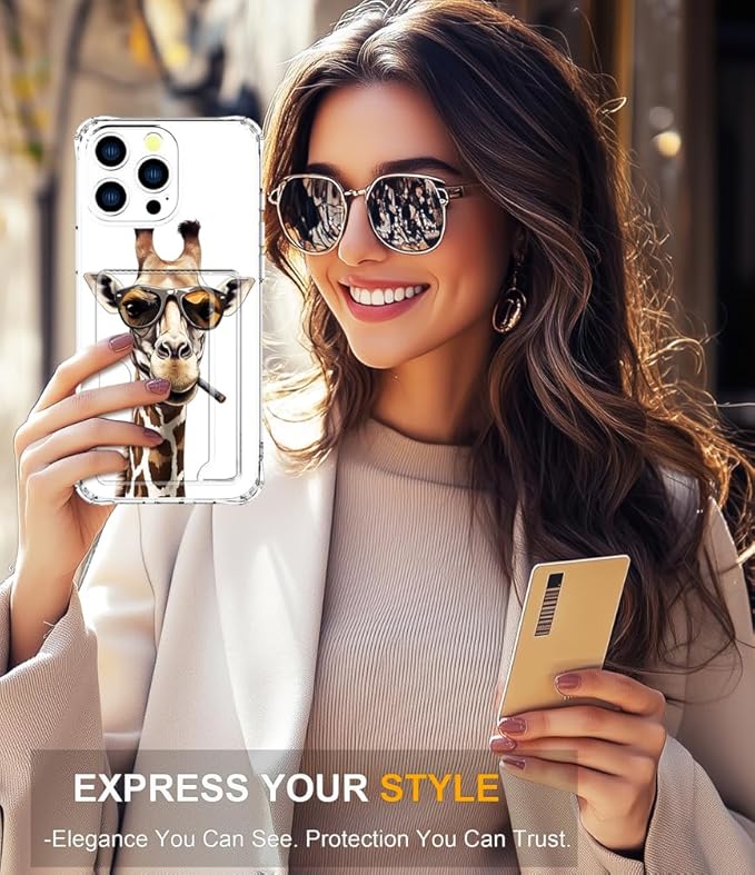 Compatible with iPhone 16 Pro Case Card Holder for Women Cute Design,Wallet Phone Cases Transparent Cool Kawaii Protective (Clear Giraffe Smoking Animal)