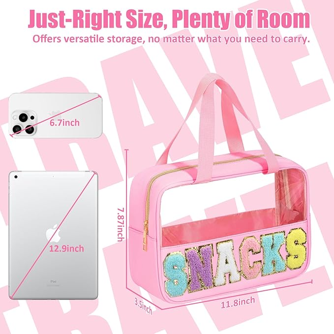BuyCard Chenille Letter Patch Clear Travel Bags, Preppy PVC&Nylon Makeup Bag with Handle and Zipper, Waterproof Large Clear Travel Toiletry Bag Storage Bag for Women Girls
